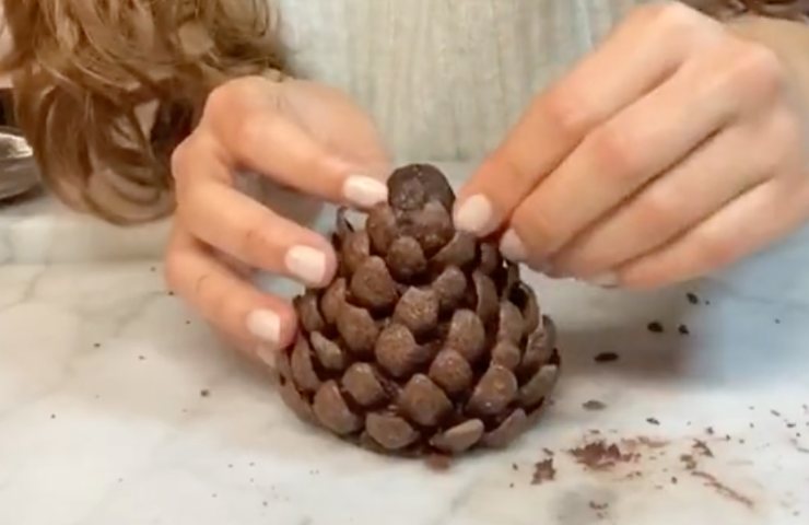 Attaccare le scaglie di cioccolato al corpo del dolce